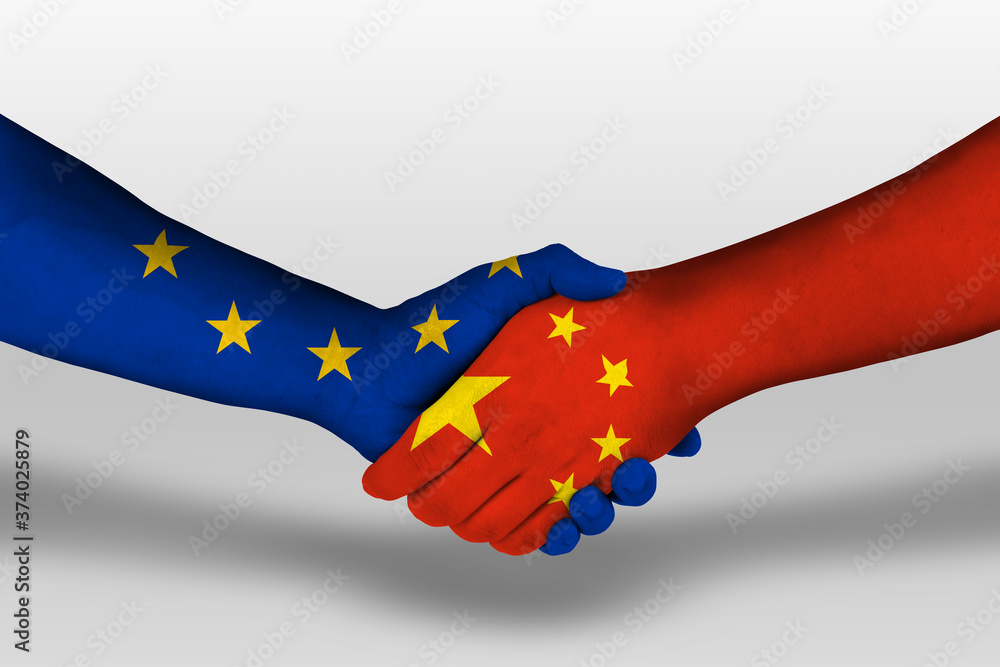 Handshake between china and european union flags painted on hands, illustration with clipping path. Handshake between china and european union flags painted on hands, illustration with clipping path.