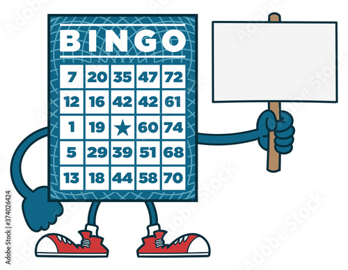 Bingo card cartoon with legs and arms holding a sign