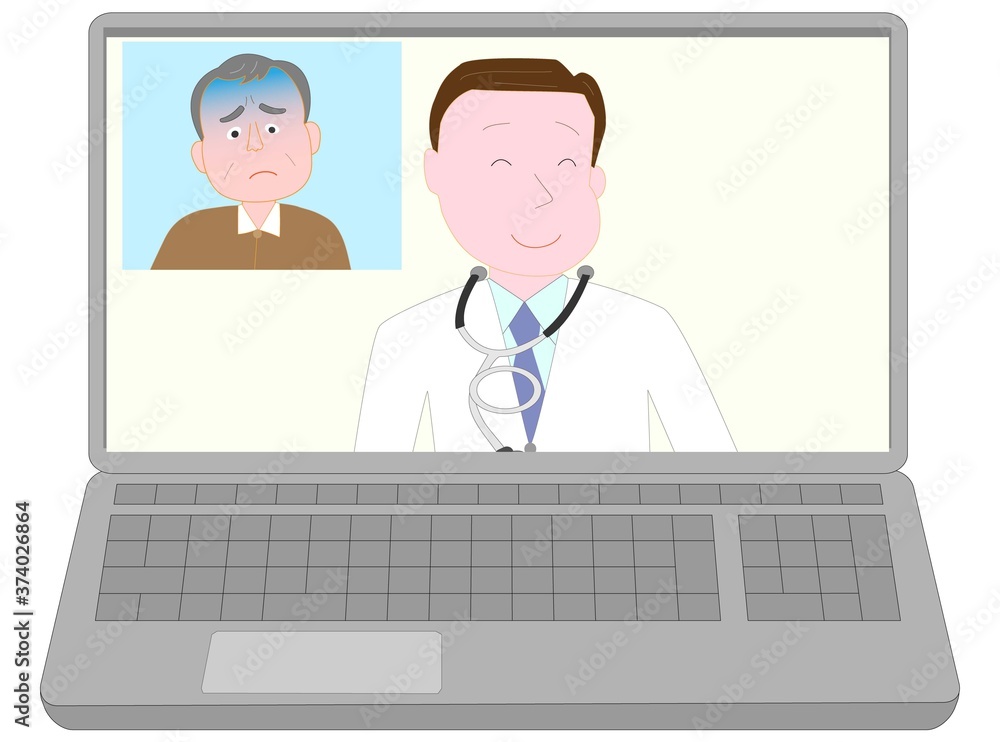 オンラインで医師から診察を受ける高齢者。 オンラインで医師から診察を受ける高齢者。