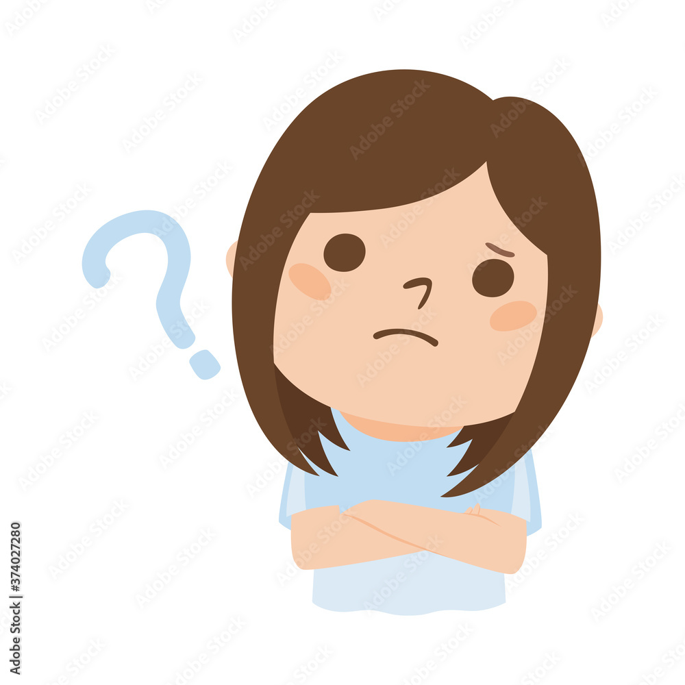 悩んでクエスチョンマークを出してる若い女性のイラスト。
