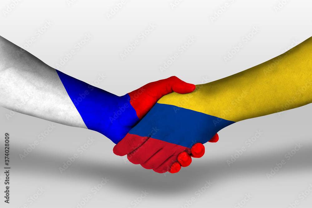 Handshake between columbia and russia flags painted on hands, illustration with clipping path. Handshake between columbia and russia flags painted on hands, illustration with clipping path.