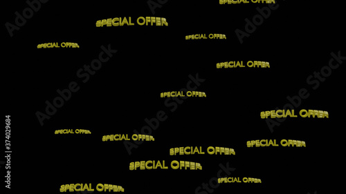 Illustration graphic of 3d render yellow color special offer text with twisting effect, isolated at black background.