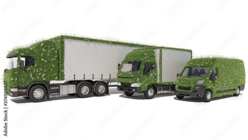 Trucks and a Delivery Van Covered with Grass and Daisies on White Background 3D Rendering Trucks and a Delivery Van Covered with Grass and Daisies on White Background 3D Rendering