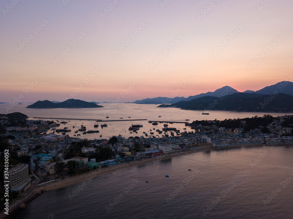 Aerial view of colorful sunset over Cheung Chau Island, Hong Kong