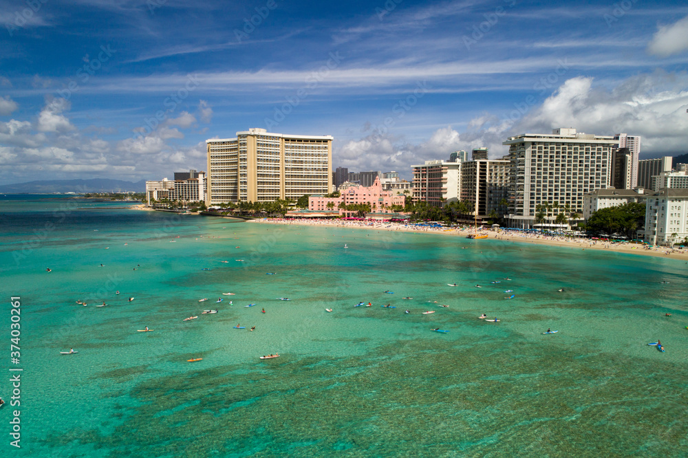 Aerial view of Waikiki with Surfers in the ocean