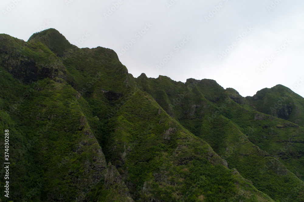 Aerial view of lush, green Hawaiian Mountains