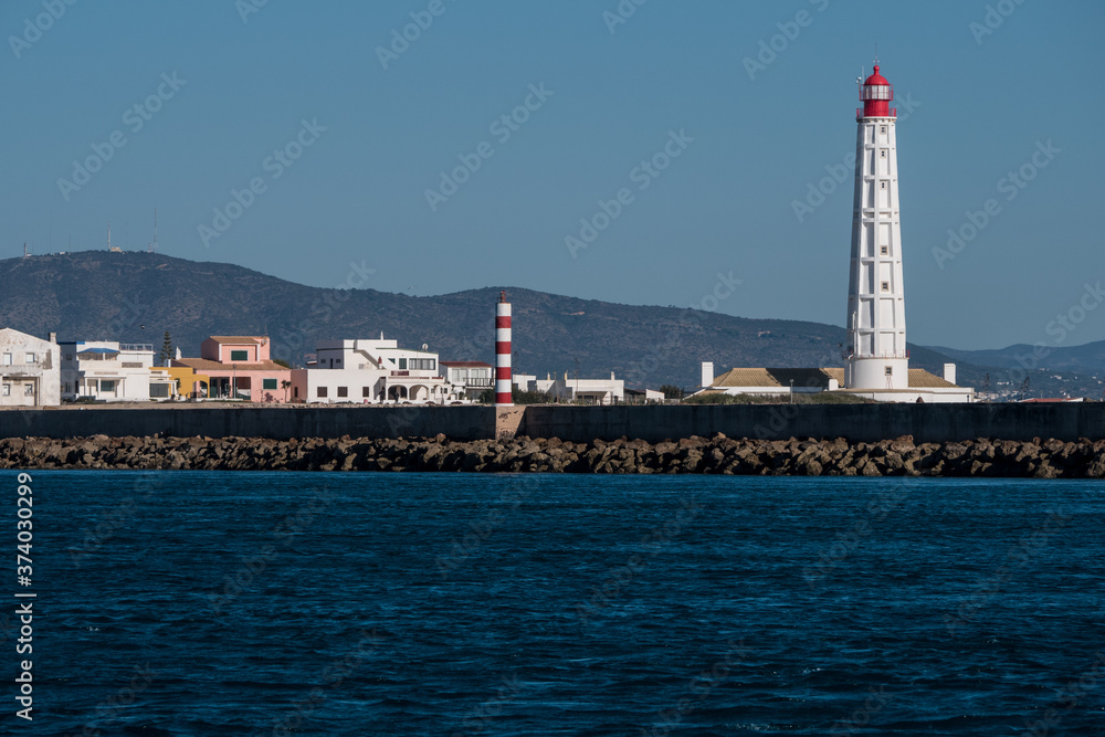 Wide view Lighthouse on Culatra Island in Ria Formosa