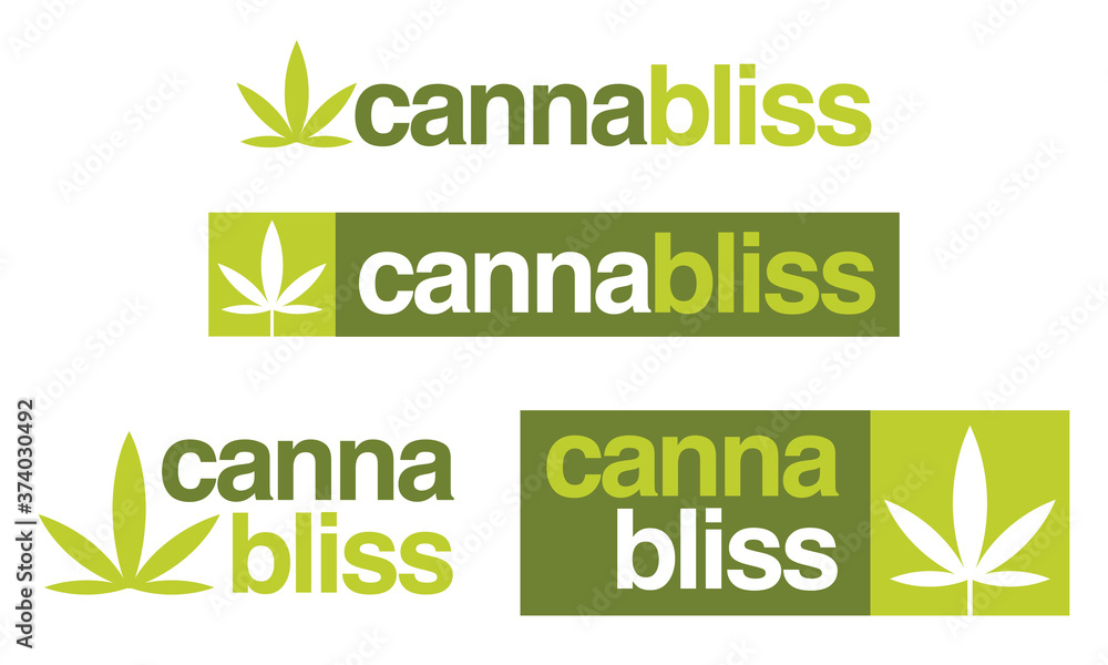 Φωτογραφία Set of 4 cannabis or marijuana logo or badge designs combining the words cannabis and bliss to form cannabliss