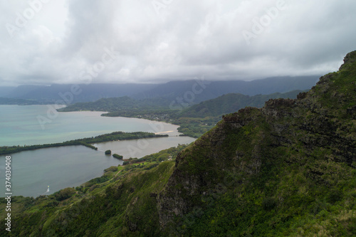 Aerial view of Hawaii mountains and ocean