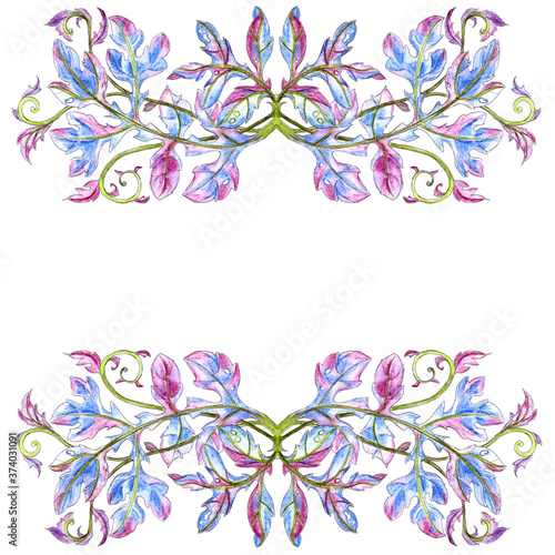 two horizontal graphic element of bizarrely curved acanthus leaves on a white background with copy space between them for invitations, postcards, banners. drawing with colored pencils
