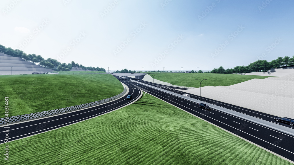 Αυτοκόλλητο 3d illustration of a large modern interchange with different levels in mountaino