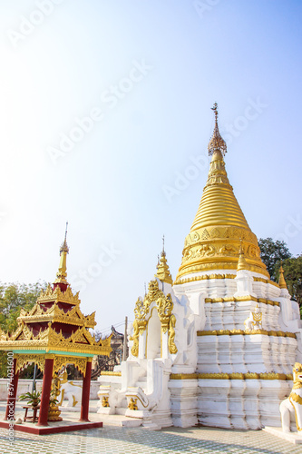 Beautiful ancient white Buddhist temples, pagodas and stupas Migun Yangon Myanmar Burma