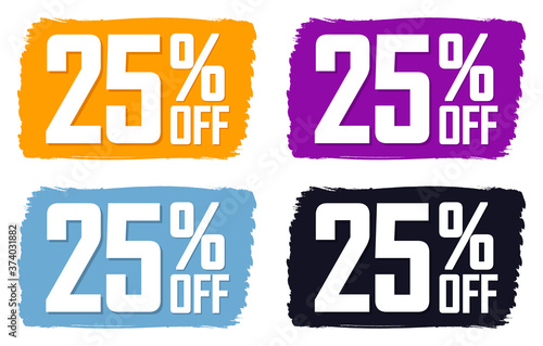 Set Sale 25% off banners, discount tags design template, extra promo, brush grunge, vector illustration