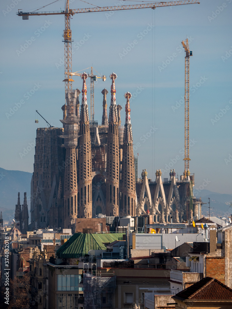Far view of La Sagrada Familia cathedral