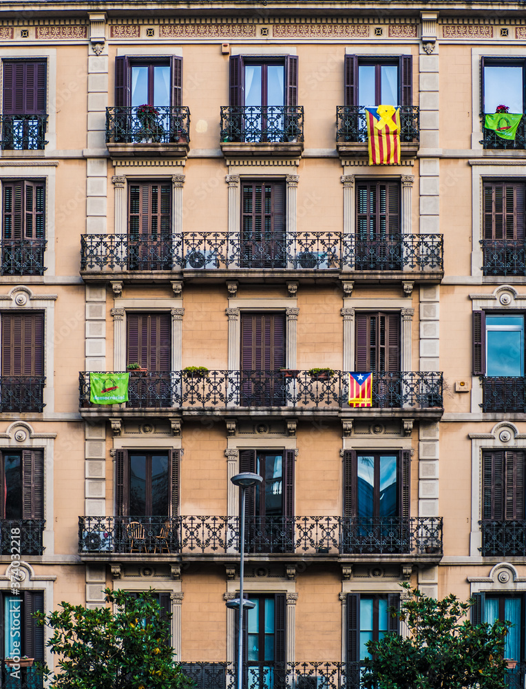 Apartment facade with Spanish Flag