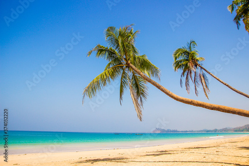 Fototapeta Naklejka Na Ścianę i Meble -  Beautiful Ngapali beach, white sand, palm trees, Myanmar
