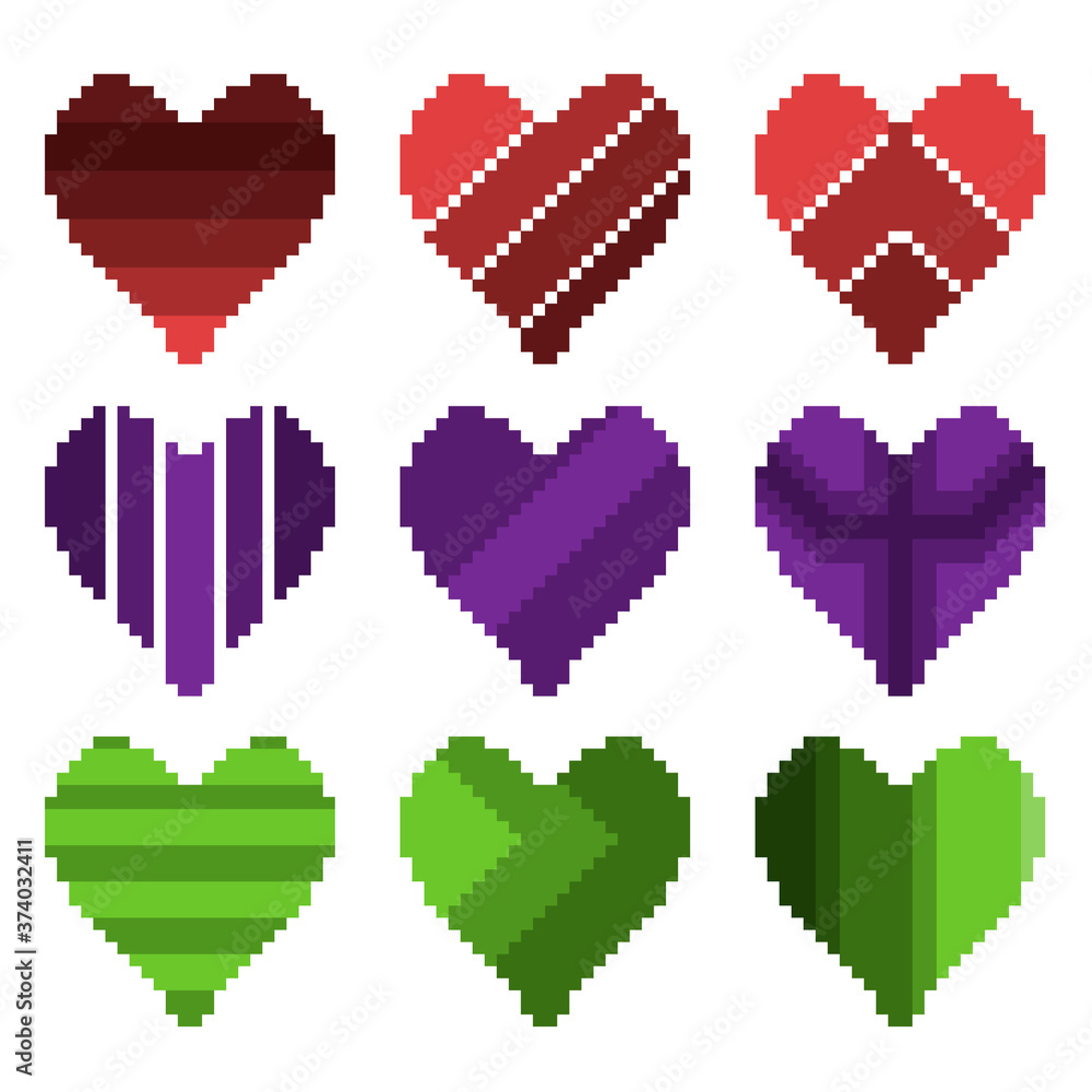Set of nine pixel illustrations. Set of hearts of different colors and shapes. Set of nine pixel illustrations. Set of hearts of different colors and shapes.
