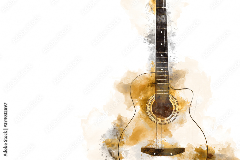Fototapeta Abstract colorful acoustic guitar in the foreground on Watercolor painting background and Digital illustration brush to art.