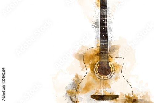 Abstract colorful acoustic guitar in the foreground on Watercolor painting background and Digital illustration brush to art.