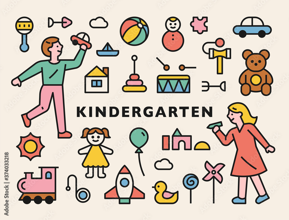 Various object icons in kindergarten. flat design style minimal vector illustration.