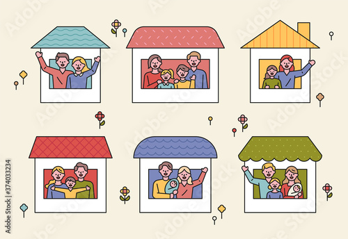 Various types of families live in different houses. flat design style minimal vector illustration.