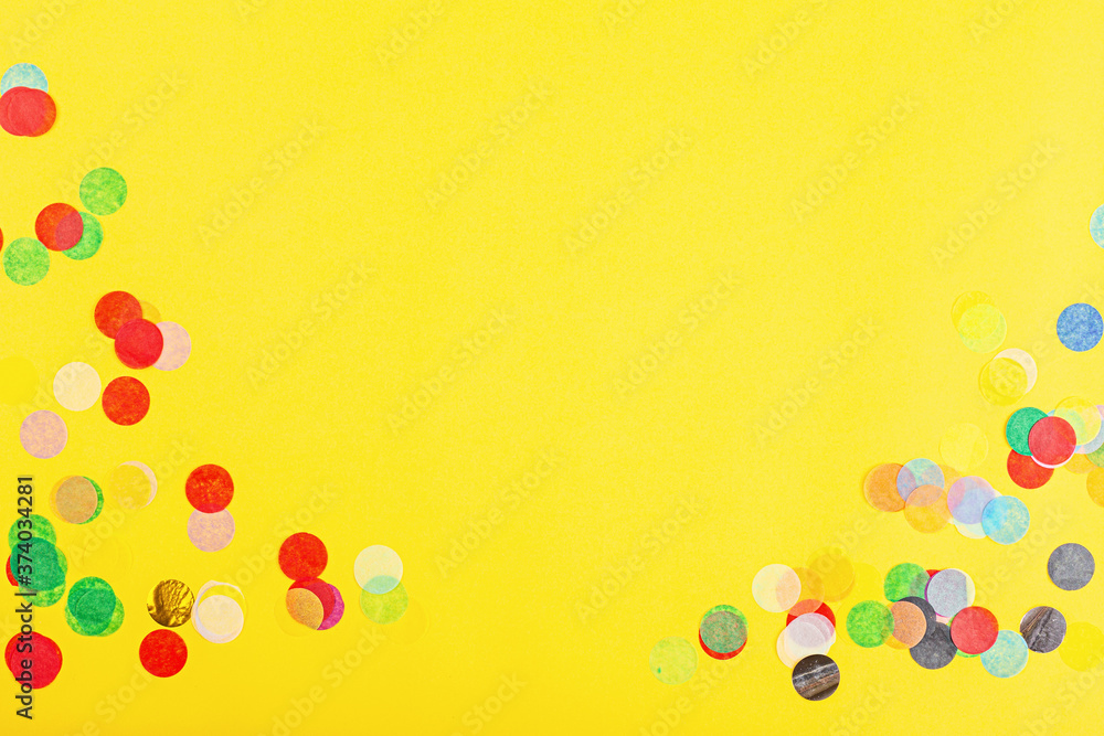banner with confetti on yellow background, top view. Flat lay style. Mock up, template, overhead. Background for birthday, 8 march, Valentine's day, wedding, Mother's day. banner with confetti on yellow background, top view. Flat lay style. Mock up, template, overhead. Background for birthday, 8 march, Valentine's day, wedding, Mother's day.
