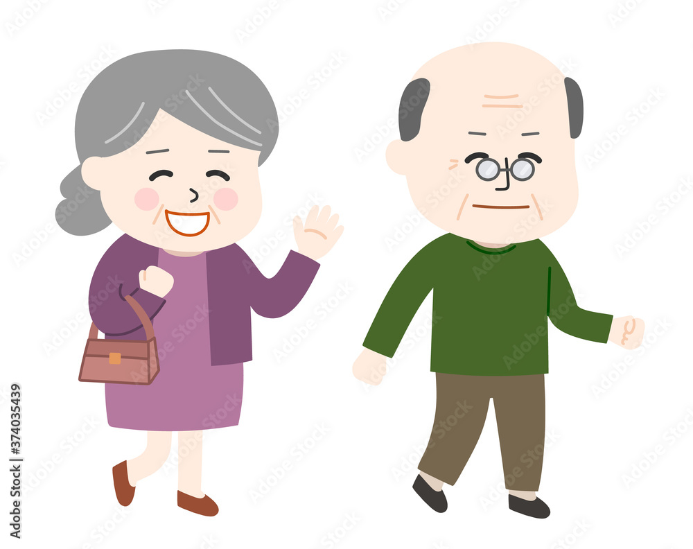 Elderly couple going for a walk. Vector illustration isolated on white background.