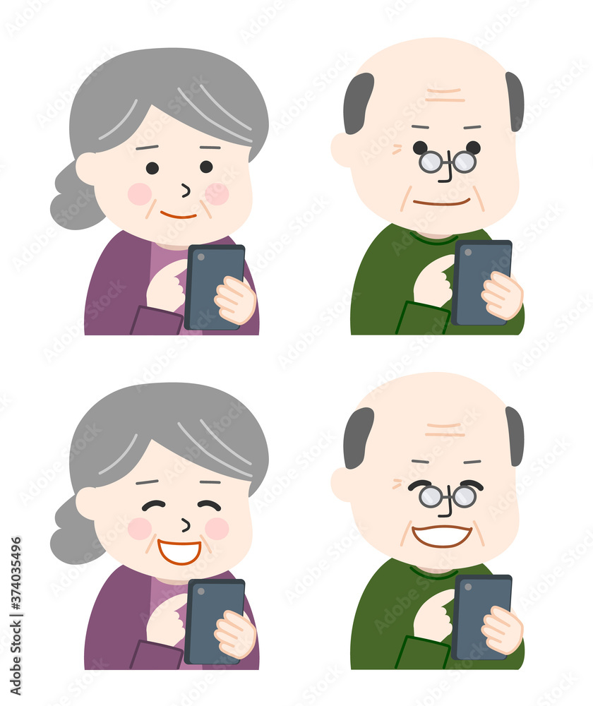 Set of smiling elderly people using mobile phone. Vector illustration isolated on white background. Set of smiling elderly people using mobile phone. Vector illustration isolated on white background.