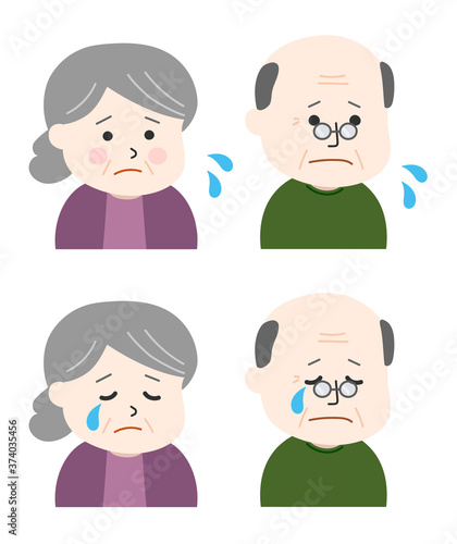 Set of elderly people can't stop crying. Vector illustration isolated on white background.