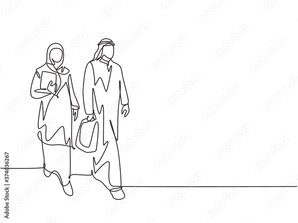 Single continuous line drawing of young happy businessman walking together with his assistant while go to the meeting room. Arab middle east woman cloth veil hijab. One draw design vector illustration