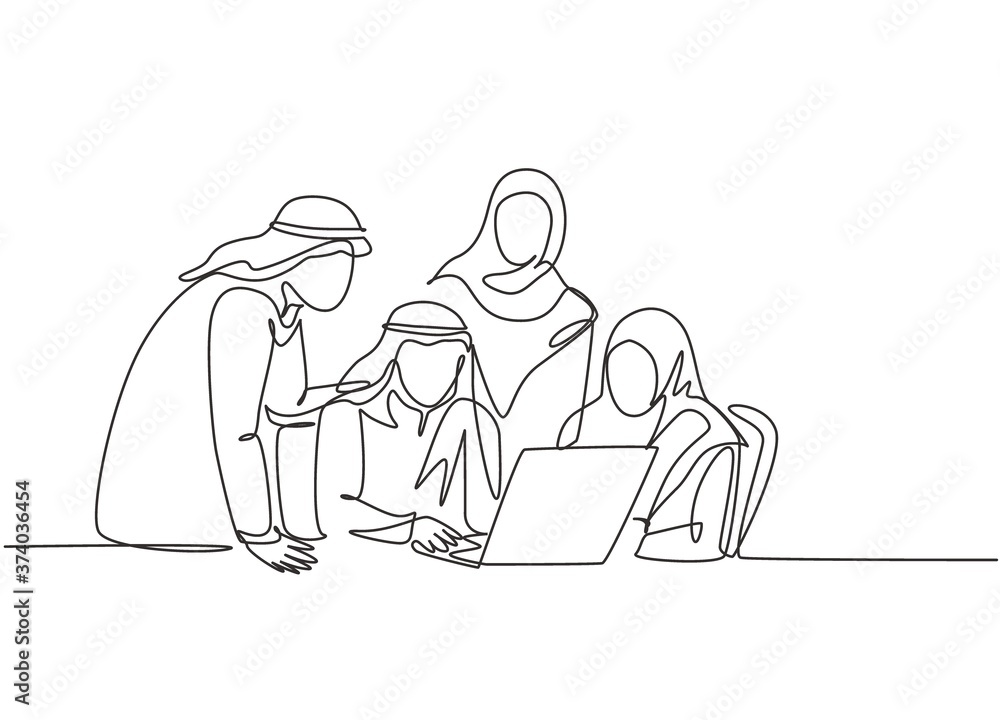 One single line drawing of young muslim business community discussing social project together. Saudi Arabia cloth shmag, headscarf, ghutra, hijab, veil. Continuous line draw design vector illustration One single line drawing of young muslim business community discussing social project together. Saudi Arabia cloth shmag, headscarf, ghutra, hijab, veil. Continuous line draw design vector illustration