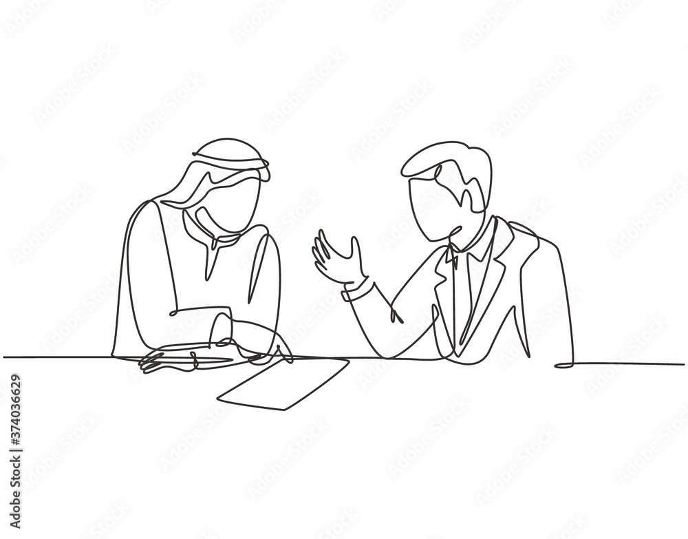Single continuous line drawing of young muslim discussing business deal project with his colleague. Arab middle east cloth shmagh, kandura, thawb, robe, hijab. One draw design vector illustration Single continuous line drawing of young muslim discussing business deal project with his colleague. Arab middle east cloth shmagh, kandura, thawb, robe, hijab. One draw design vector illustration