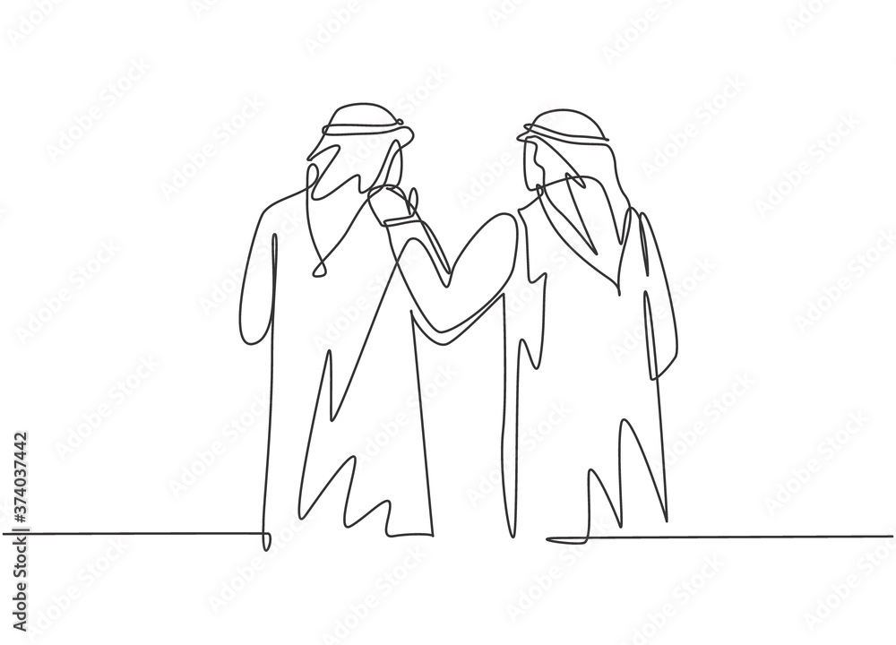 One single line drawing of young happy male muslim workers walking together at office. Saudi Arabia cloth shmag, kandora, headscarf, thobe, ghutra. Continuous line draw design vector illustration One single line drawing of young happy male muslim workers walking together at office. Saudi Arabia cloth shmag, kandora, headscarf, thobe, ghutra. Continuous line draw design vector illustration