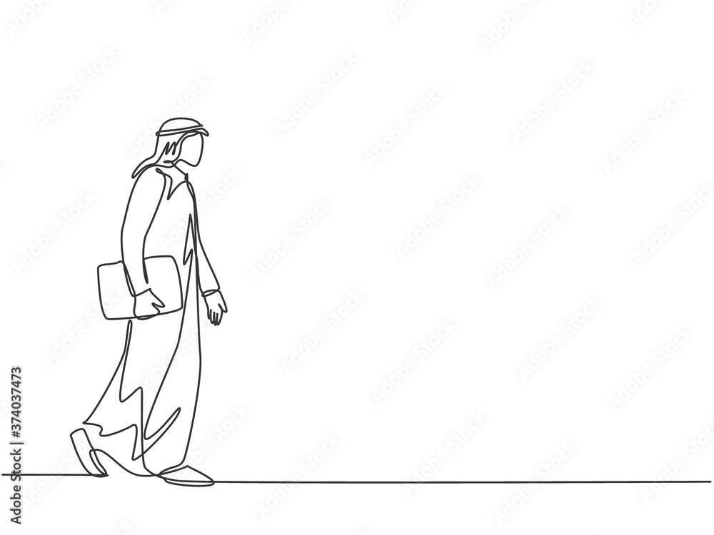 One single line drawing of young happy male muslim workers walking in a hurry to catch the bus. Saudi Arabia cloth shmag, kandora, headscarf, ghutra. Continuous line draw design vector illustration