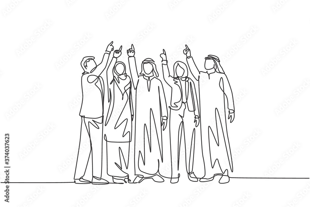 Single continuous line drawing of young male and female muslim managers pointing finger up to the sky. Arab middle east cloth shmagh, kandura, hijab, robe. One line draw design vector illustration Single continuous line drawing of young male and female muslim managers pointing finger up to the sky. Arab middle east cloth shmagh, kandura, hijab, robe. One line draw design vector illustration