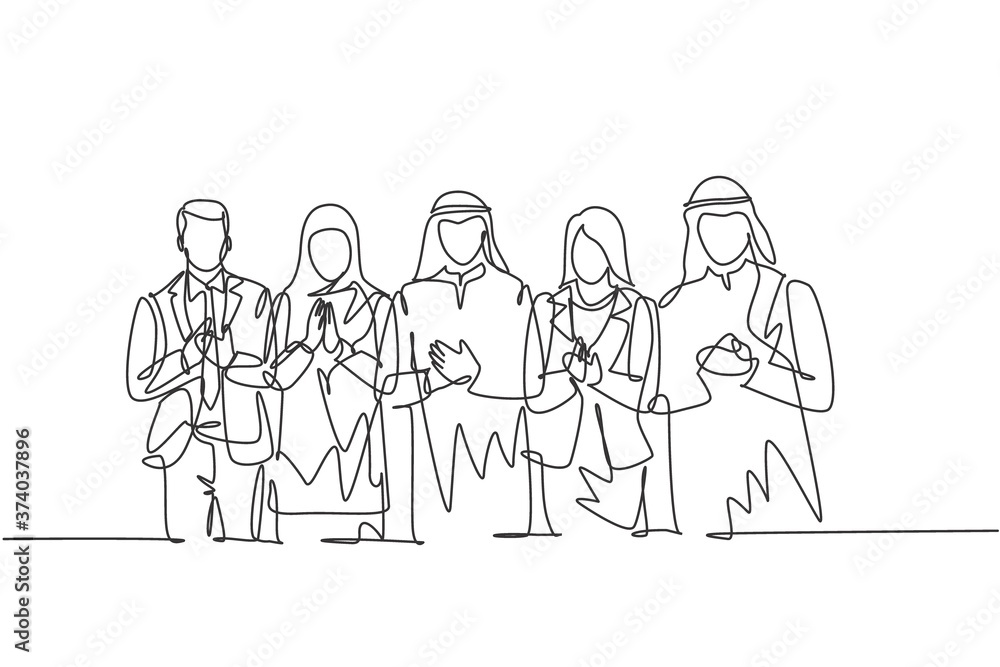 One continuous line drawing of young businessmen and businesswomen line up together while clapping hands. Islamic clothing shemag, hijab, scarf, keffiyeh. Single line draw design vector illustration One continuous line drawing of young businessmen and businesswomen line up together while clapping hands. Islamic clothing shemag, hijab, scarf, keffiyeh. Single line draw design vector illustration