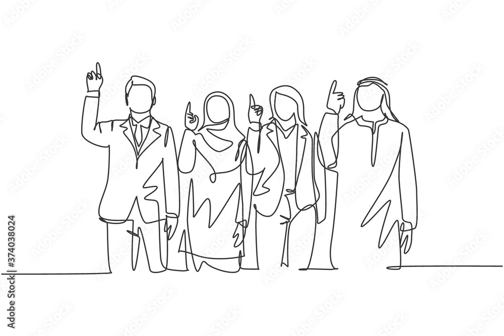 One continuous line drawing of young male and female muslim managers pointing finger to the sky, belief in God. Islamic clothing shemag, kandura, hijab. Single line draw design vector illustration One continuous line drawing of young male and female muslim managers pointing finger to the sky, belief in God. Islamic clothing shemag, kandura, hijab. Single line draw design vector illustration