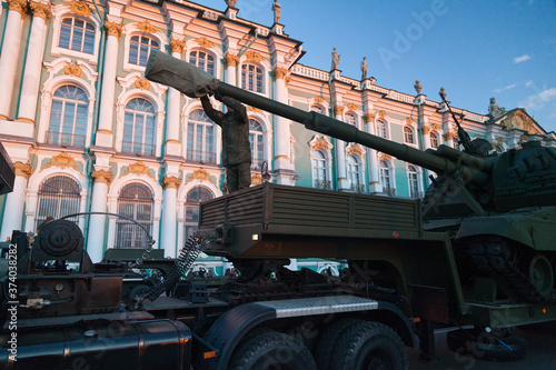 Russian artillery is loaded onto a tractor after the Victory Day parade on Palace Square in St. Petersburg
