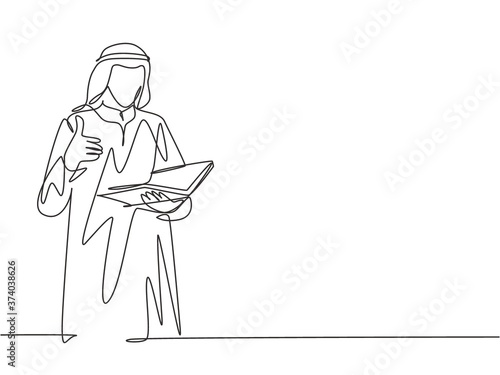 One single line drawing of young male muslim businessman giving thumbs up getures while read a book. Saudi Arabia cloth kandora, headscarf, ghutra. Continuous line draw design vector illustration