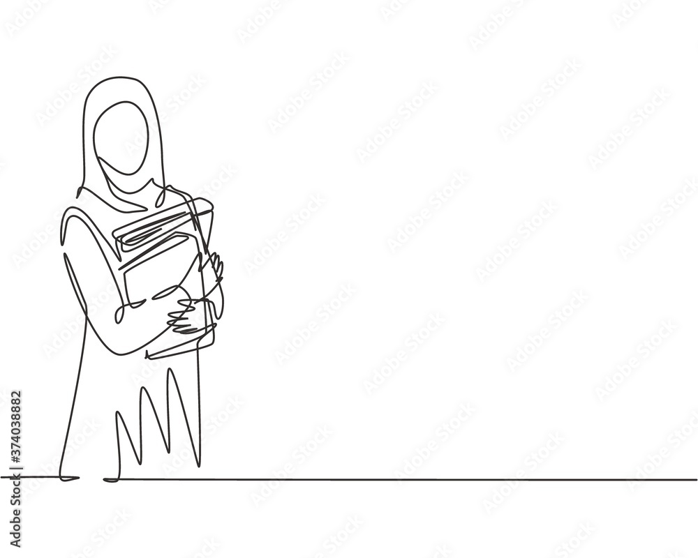 Φωτογραφία Single continuous line drawing of young female muslim businesswoman carrying annual report books to business meeting