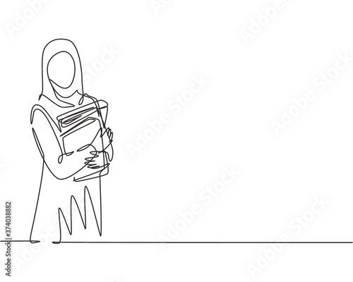 Single continuous line drawing of young female muslim businesswoman carrying annual report books to business meeting. Arab middle east cloth hijab and veil. One line draw design vector illustration