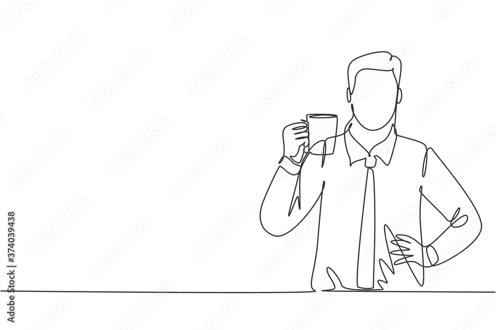 Single continuous line drawing of young happy office employee holding a mug of best fresh taste cappuccino coffee. Drinking coffee or tea concept one line draw cartoon design vector illustration Single continuous line drawing of young happy office employee holding a mug of best fresh taste cappuccino coffee. Drinking coffee or tea concept one line draw cartoon design vector illustration