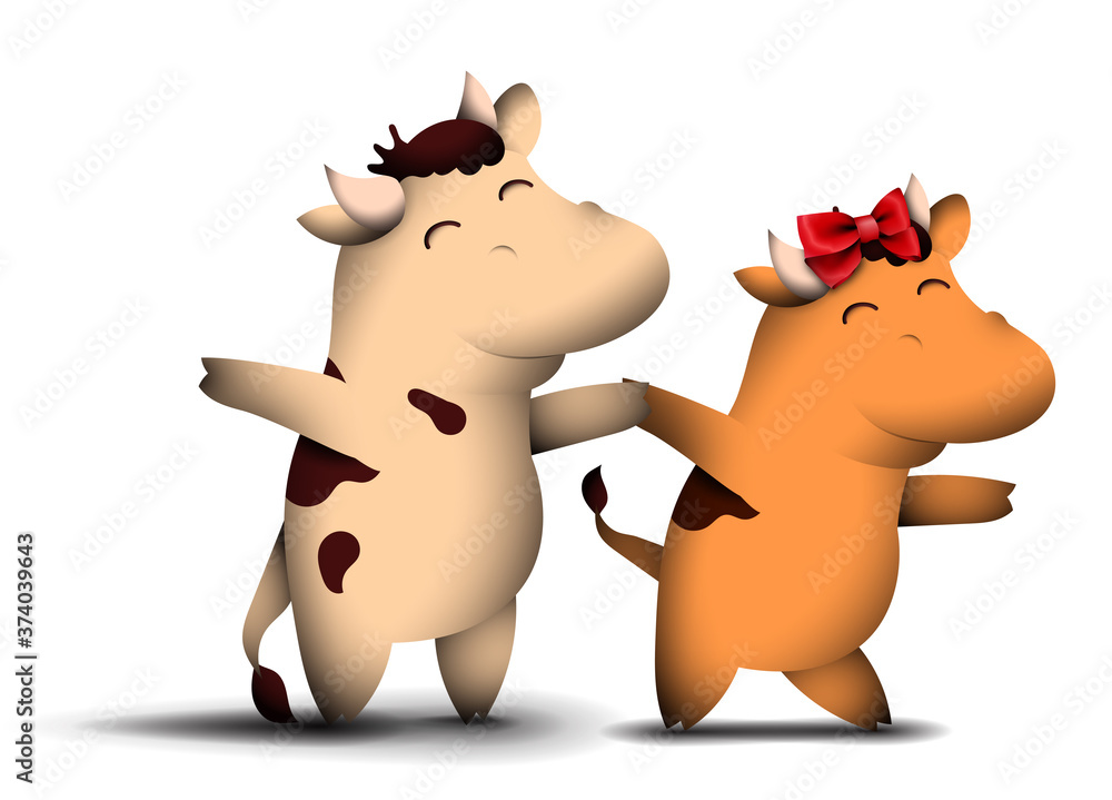 Naklejka premium happy little bull and cow symbol of 2021 according to the Chinese calendar dance at the carnival with a satisfied smile on their face. New Year in a good mood. Funny animals. Vector
