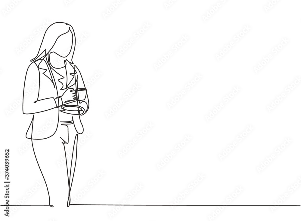 One single line drawing of young businesswoman standing and thinking for business ideas while holding a cup of coffee drink. Drink tea concept continuous line draw vector design graphic illustration