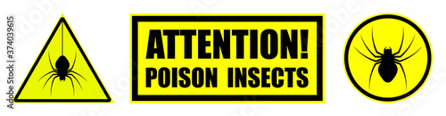 Attack of poisonous insects, spiders. Set of yellow black danger signs, attention. Isolated vector