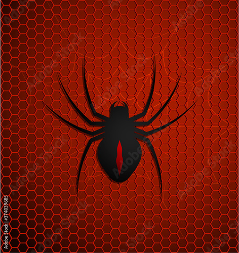 Black poisonous spider on red polygonal background. Dangerous insects. Vector