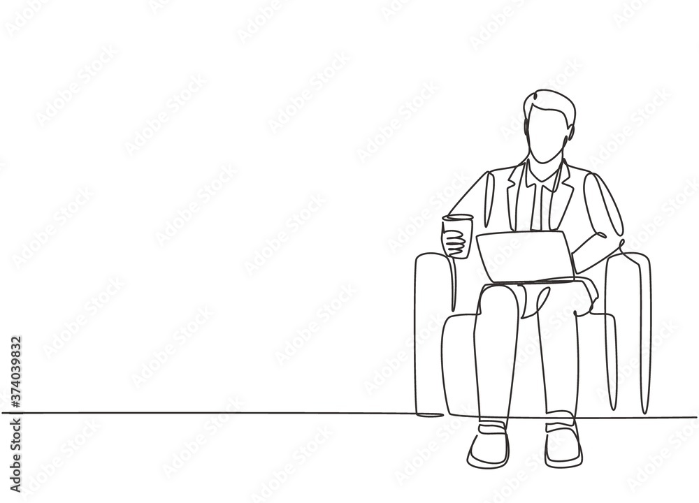 One single line drawing of young businessman typing business ideas draft on laptop while sitting on office chair. Drinking tea concept continuous line draw design vector graphic illustration