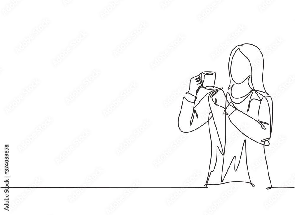 One continuous line drawing of young marketing manager make a quiet gesture with finger while holding a cup of coffee drink. Drinking tea concept single line draw graphic design vector illustration One continuous line drawing of young marketing manager make a quiet gesture with finger while holding a cup of coffee drink. Drinking tea concept single line draw graphic design vector illustration