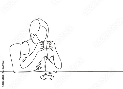 Single continuous line drawing of young beauty female college student sitting on coffee shop to take a relaxation. Drinking tea concept one line draw design vector graphic illustration