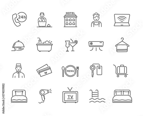 Large collection of black and white hotel icons for phone, wi-fi, TV, room service, porter, reception, pool, restaurant and accommodation accessories, vector design elements